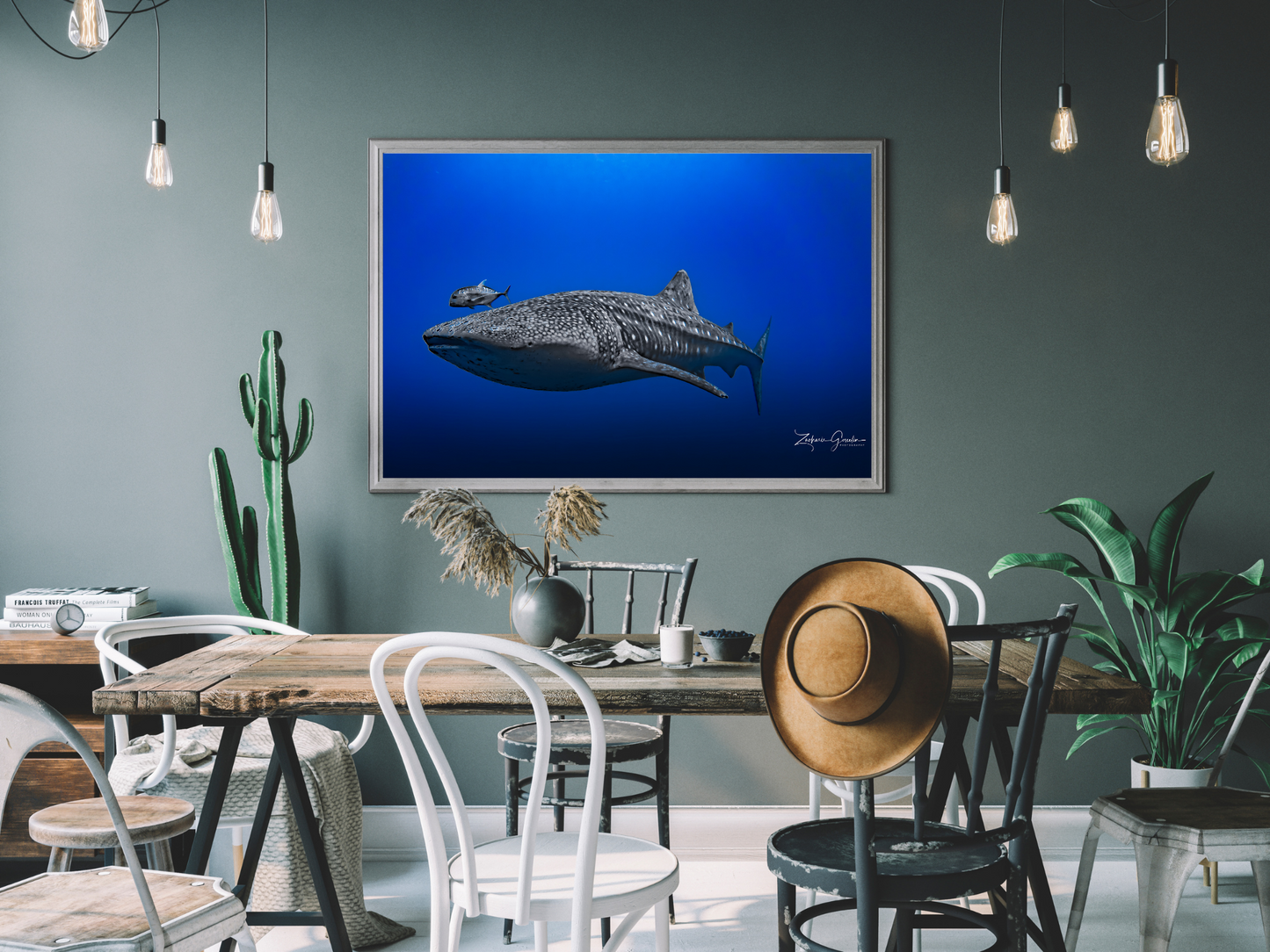 Photo sous-marine de requin baleine dans le bleu de l'océan, encadrée dans le salon.